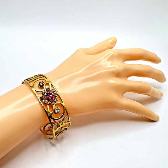 Vintage Rhinestone Cuff Bracelet Pink Clear Gold Tone 6.5" Adjustable - Picture 3 of 6